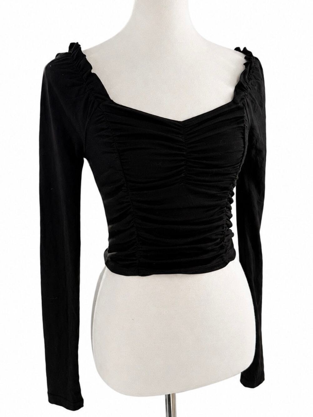 Black Ruched Long Sleeve Off Shoulder Square Neck Crop Top Size Small